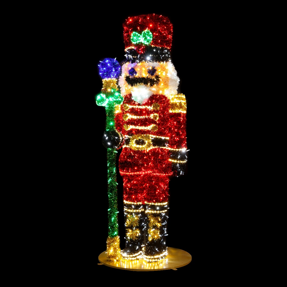 7.5ft Traditional Tinsel  Nutcracker with Staff ， 10% White Twinkle