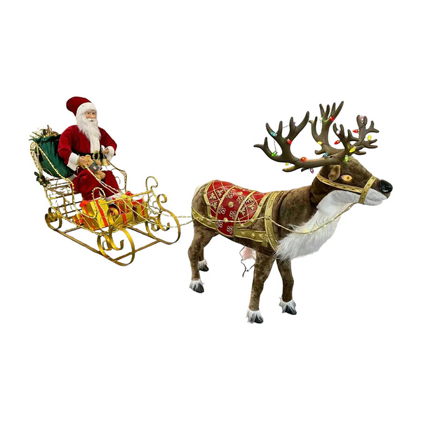 55.5“H Santa Claus Ride the Sled - Brown Reindeer with Music