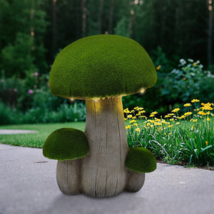Flocked Mushroom Trio with LEDs. Polyresin. Battery Operated. 13.9in H.