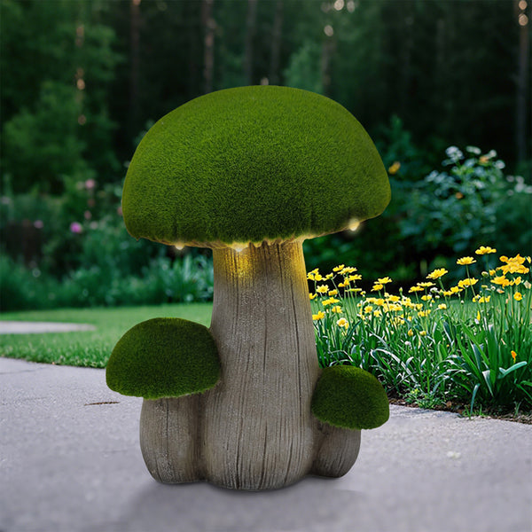 Flocked Mushroom Trio with LEDs. Polyresin. Battery Operated. 13.9in H.