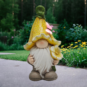 Gnome with Yellow Flower Hat and Flower. Polyresin. 10.3in.