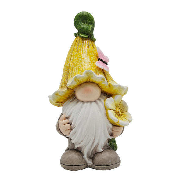 Gnome with Yellow Flower Hat and Flower. Polyresin. 10.3in.
