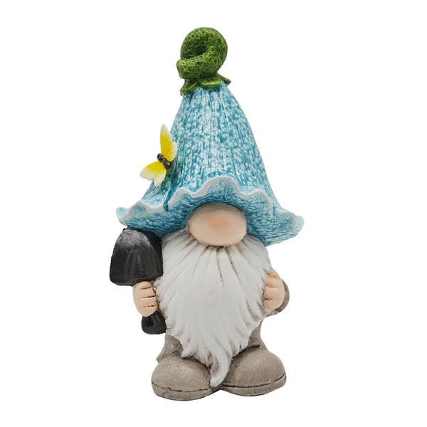 Gnome with Blue Flower Hat and Shovel. Polyresin. 10.3in.
