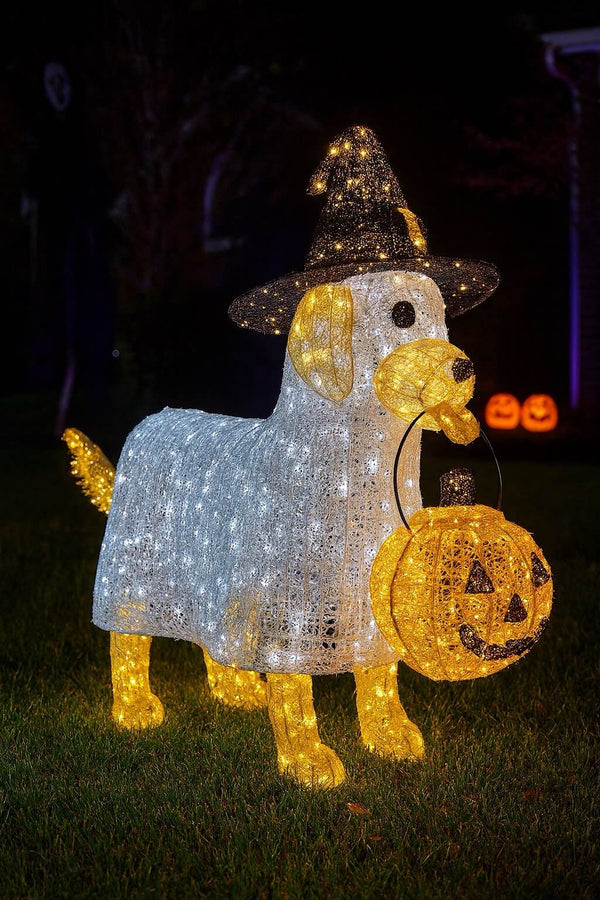 7ft Halloween Mesh Ghost Dog with Pumpkin， 10% White Twinkle