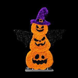 8ft  Halloween Mesh Stacked Jack o' Lantern Pumpkins with Hat， 10% White Twinkle