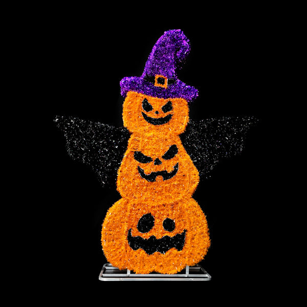 8ft  Halloween Mesh Stacked Jack o' Lantern Pumpkins with Hat， 10% White Twinkle