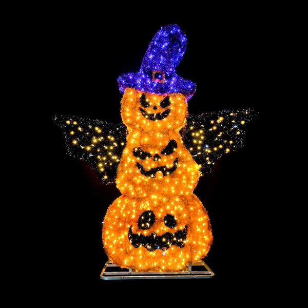 8ft  Halloween Mesh Stacked Jack o' Lantern Pumpkins with Hat， 10% White Twinkle
