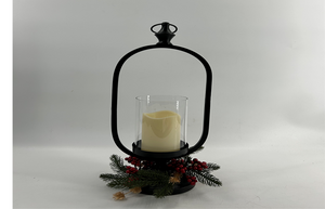 Black Candle Holder With Glass Hurricane Center | Christmas Greenery And LED Candle | 19.25 Inch High Candle Holder | 4.5 Inch High Candle