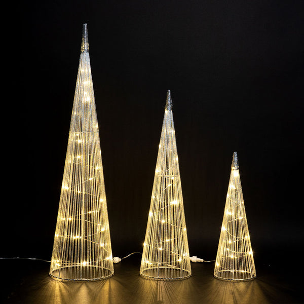 Commercial Cone LED Christmas Trees S/3, 65 WW LEDs, Silver Fabric/Iron,Outdoor,16.4'Lead Wire, Ip44,Ul Adapter,S5.1"W X 15.7"H, M 6.3"W X 23.6" H,L.7.9" W X 31.5" H