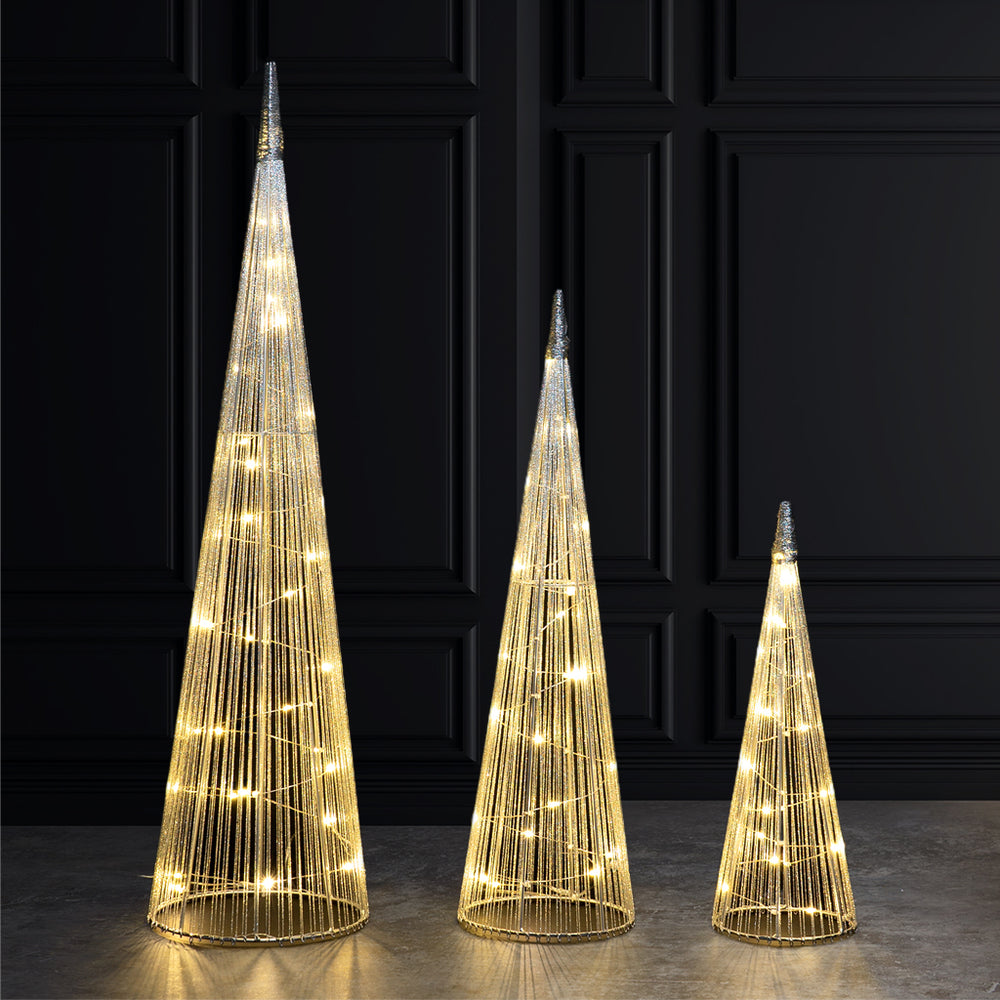 Commercial Cone LED Christmas Trees S/3, 65 WW LEDs, Silver Fabric/Iron,Outdoor,16.4'Lead Wire, Ip44,Ul Adapter,S5.1"W X 15.7"H, M 6.3"W X 23.6" H,L.7.9" W X 31.5" H