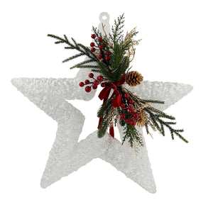 Acrylic White Star w/ Evergreens, Red Berries and Red Velvet Bow | With LEDs | 16 Inch X 16 Inch