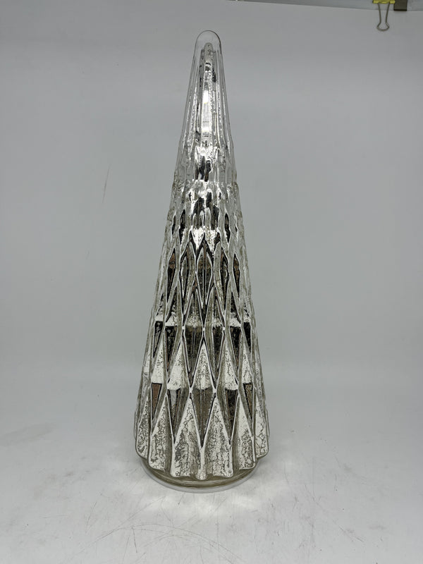 Glass Tree With LEDs | Mercury Glass Silver Geometric | 12.25 Inch High