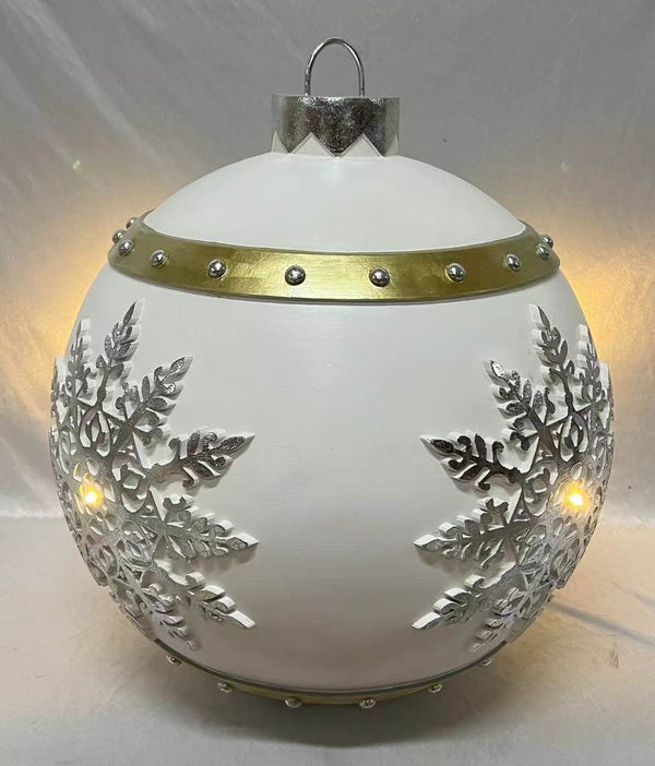 White Oversized Ornament With Gold Snowflake Accents | Lights | 15.35 Inch Dia X 17.13 Inch High | Polyresin