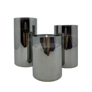 Set Of 3 Silver Mercury Glass And Wax LED Candles | 3 Inch Dia X 4 Inch High, 5 Inch High, 6 Inch High | With Remote