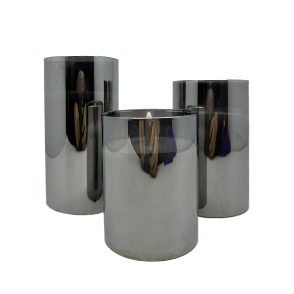 Set Of 3 Silver Mercury Glass And Wax LED Candles | 3 Inch Dia X 4 Inch High, 5 Inch High, 6 Inch High | With Remote