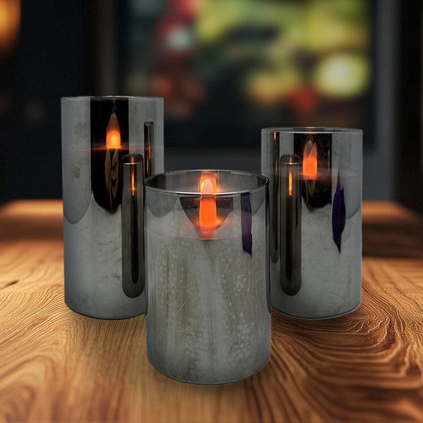 Set Of 3 Silver Mercury Glass And Wax LED Candles | 3 Inch Dia X 4 Inch High, 5 Inch High, 6 Inch High | With Remote