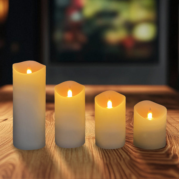 Set Of 4 Textured Wax LED Candles | 3 Inch Dia X 4 Inch High, 5 Inch High, 6 Inch High, 8 Inch High | With Remote