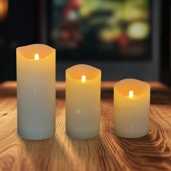 Set Of 3 Smooth Wax LED Candles | 4 Inch Dia X 6 Inch High, 8 Inch High, 10 Inch High | With Remote