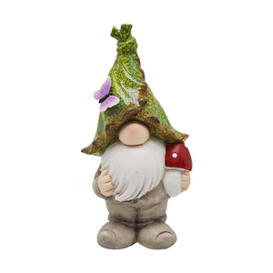 Gnome with Green Leaf Hat and Mushroom. Polyresin. 10.3in.