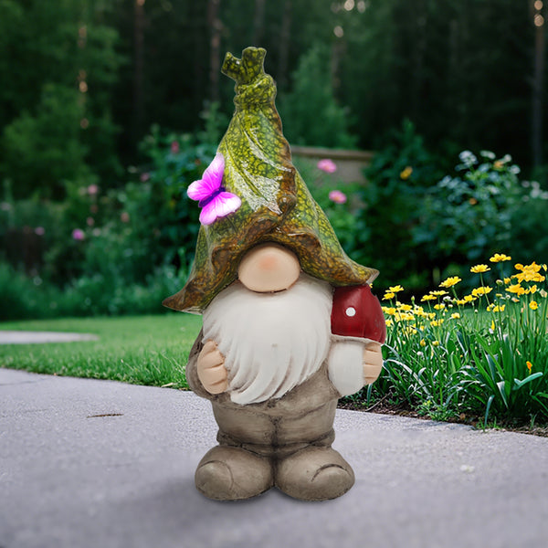 Gnome with Green Leaf Hat and Mushroom. Polyresin. 10.3in.