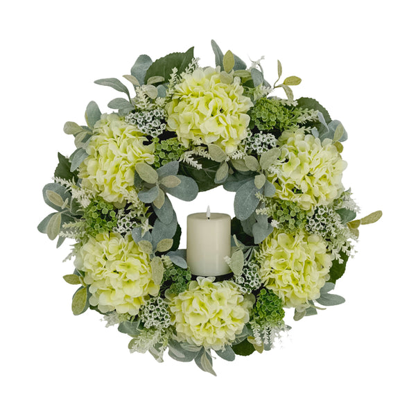 Candlelit Cream Hydrangeas Wreath with Candle Holder. 24in