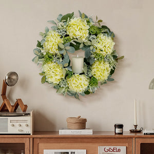 Candlelit Cream Hydrangeas Wreath with Candle Holder. 24in