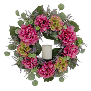 Candlelit Pink Hydrangeas Wreath with Candle Holder. 24in