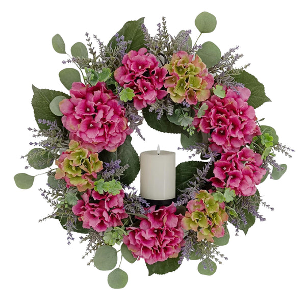 Candlelit Pink Hydrangeas Wreath with Candle Holder. 24in