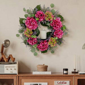 Candlelit Pink Hydrangeas Wreath with Candle Holder. 24in
