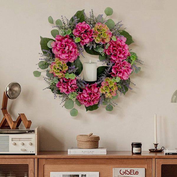 Candlelit Pink Hydrangeas Wreath with Candle Holder. 24in