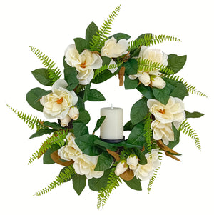 Candlelit Magnolia Wreath with Candle Holder. 24in