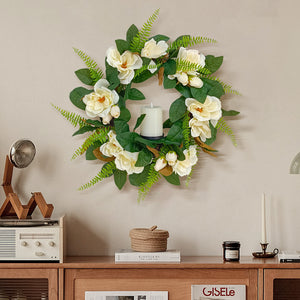 Candlelit Magnolia Wreath with Candle Holder. 24in