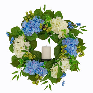 Candlelit Blue-White Hydrangeas Wreath with Candle Holder. 24in