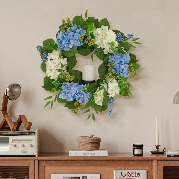 Candlelit Blue-White Hydrangeas Wreath with Candle Holder. 24in