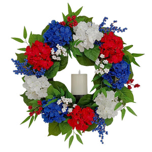 Candlelit Americana Hydrangeas Wreath with Candle Holder. 24in