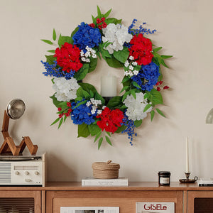 Candlelit Americana Hydrangeas Wreath with Candle Holder. 24in