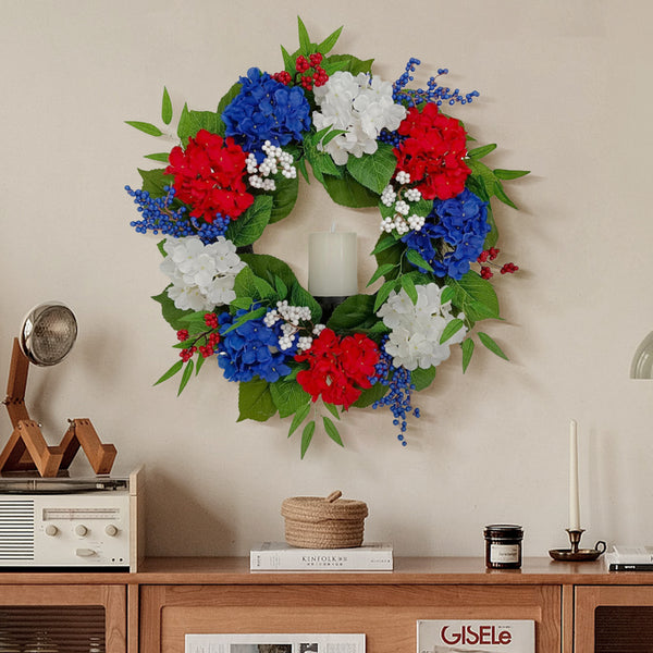 Candlelit Americana Hydrangeas Wreath with Candle Holder. 24in