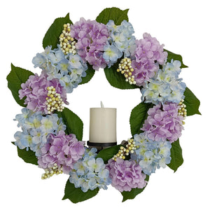 Candlelit Blue-Purple Hydrangeas Wreath with Candle Holder. 24in