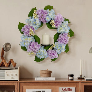 Candlelit Blue-Purple Hydrangeas Wreath with Candle Holder. 24in