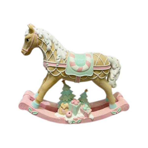 Pastel Christmas Rocking Horse With Pink Rails | Polyresin | LEDs | 15.94 Inch Wide X 3.94 Inch X 14.57 Inch
