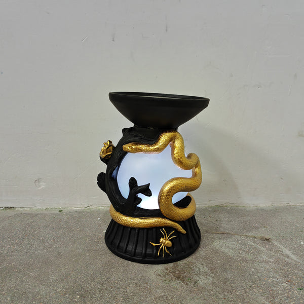 BLACK WIDE CANDLE HOLDER WITH BLACK AND GOLD SNAKES AND SPIDERS | LED | POLYRESIN