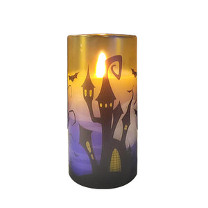 GLASS HALLOWEEN WAX LED CANDLE 3 INCH DIA X 6 INCH HIGH | HAUNTED HOUSE DECAL | WITH REMOTE