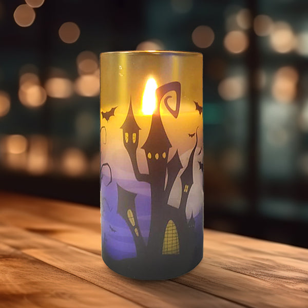 GLASS HALLOWEEN WAX LED CANDLE 3 INCH DIA X 6 INCH HIGH | HAUNTED HOUSE DECAL | WITH REMOTE