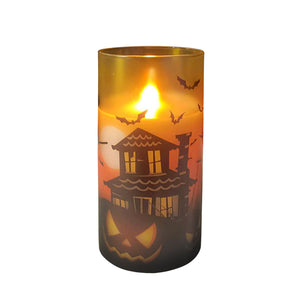 GLASS HALLOWEEN WAX LED CANDLE 3 INCH DIA X 6 INCH HIGH | FLYING WITCH DECAL | WITH REMOTE