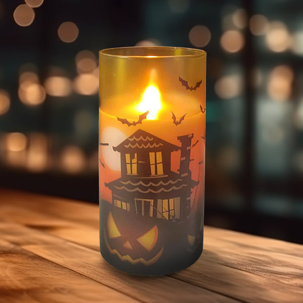 GLASS HALLOWEEN WAX LED CANDLE 3 INCH DIA X 6 INCH HIGH | FLYING WITCH DECAL | WITH REMOTE