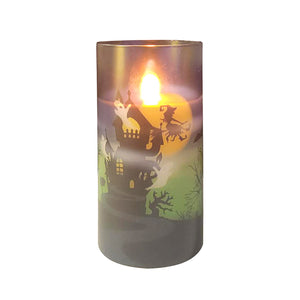 GLASS HALLOWEEN WAX LED CANDLE 3 INCH DIA X 6 INCH HIGH | HAUNTED TREE DECAL | WITH REMOTE