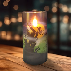 GLASS HALLOWEEN WAX LED CANDLE 3 INCH DIA X 6 INCH HIGH | HAUNTED TREE DECAL | WITH REMOTE