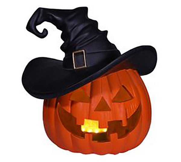 HAND PAINTED ORANGE JACK O'LANTERN PUMPKIN WITH WITCH HAT