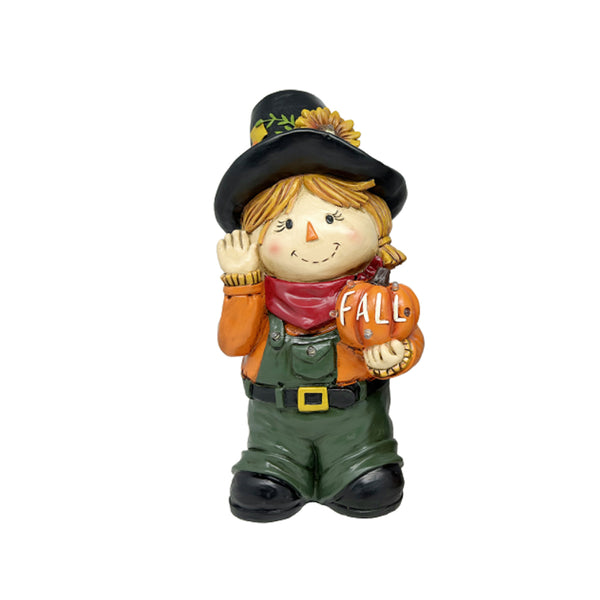 HAND PAINTED HARVEST SCARECROW GIRL IN GREEN OVERALLS WITH FALL SIGN