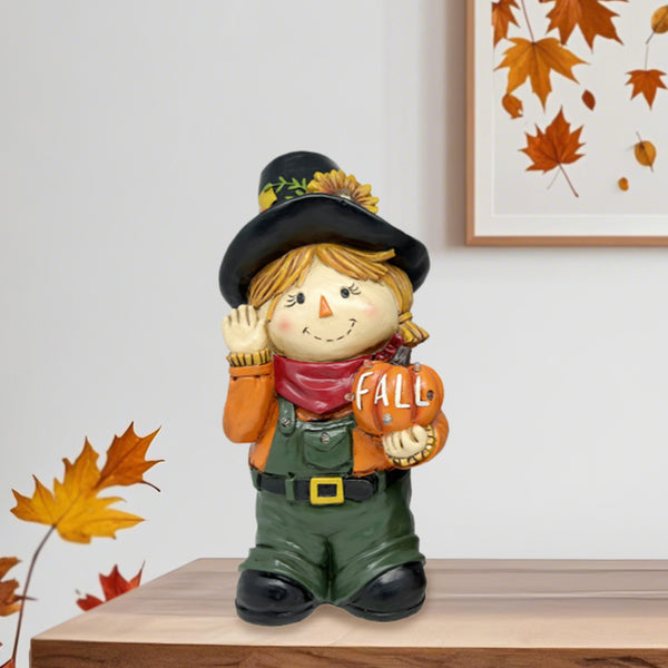 HAND PAINTED HARVEST SCARECROW GIRL IN GREEN OVERALLS WITH FALL SIGN